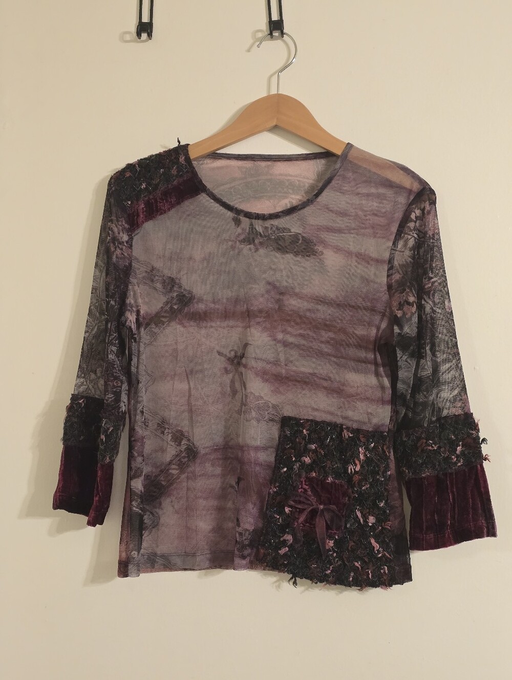 Y2K Gothic Purple Long Sleeve Sheer Floral Mesh  Patchwork Top Size M/ US 8-10 - Picture 15 of 17